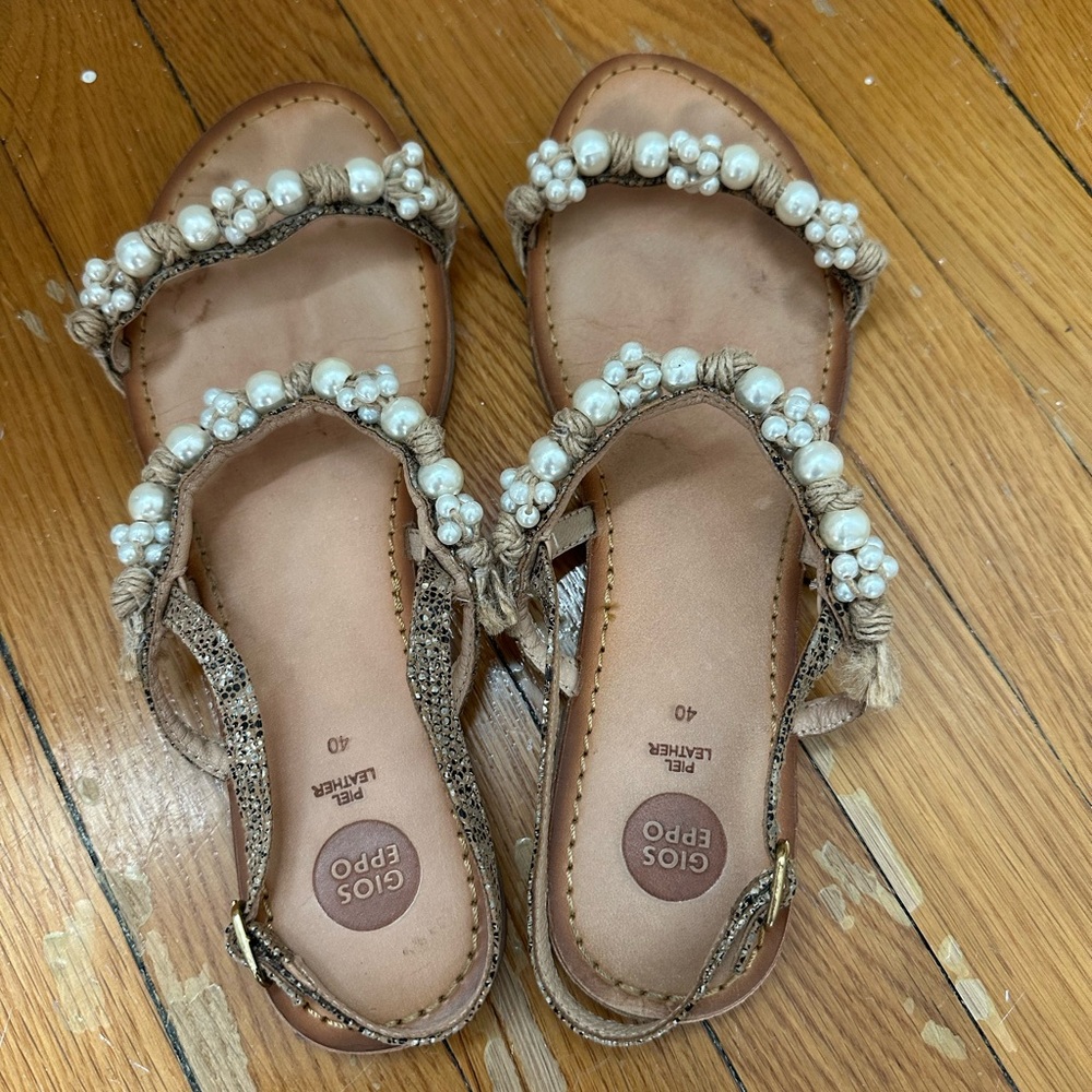 Women's Tan Sandals with Pearl Accents - Picture 2 of 4